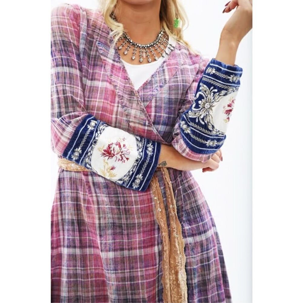 Aratta Silent Journey Boho Plaid Purple Pink Wrap Dress Size XS